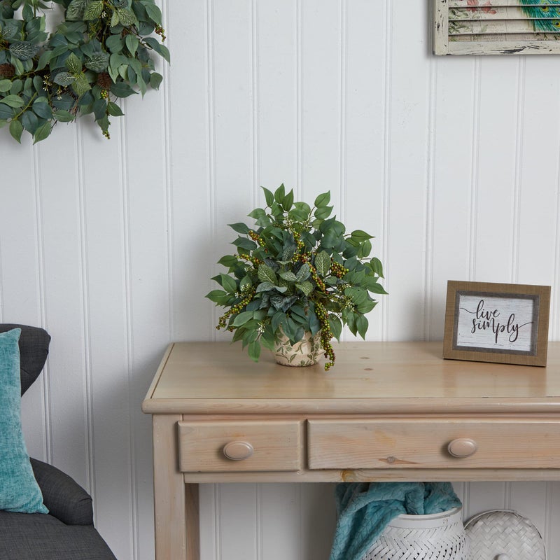 Nearly Natural Mixed Ficus, Fittonia and Berries Artificial Plant in Floral Vase - Image 2